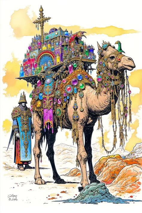  A Peddler Opens a Shop in a Desert Oasis ,The merchant's hat is adorned with multicolored jewels,Merchant's Outfit , A Camel Full of Luggage ,RPG Character Art  ,  highly detailed character design  ,  dark fantasy style  ,    RPG character concept art  , ...