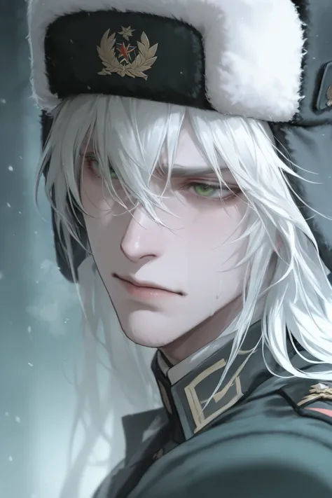 Man with medium white hair, green eyes and slightly slanted, with a cold expression on his face, wearing ushanka in black military winter.