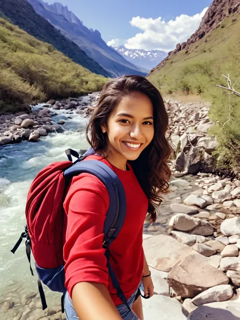 selfie of an American latina girl , smiling  ,mountains, wearing a backpack, red top,  rocks, river, wood, analog style (look at viewer:1.2), DSLR