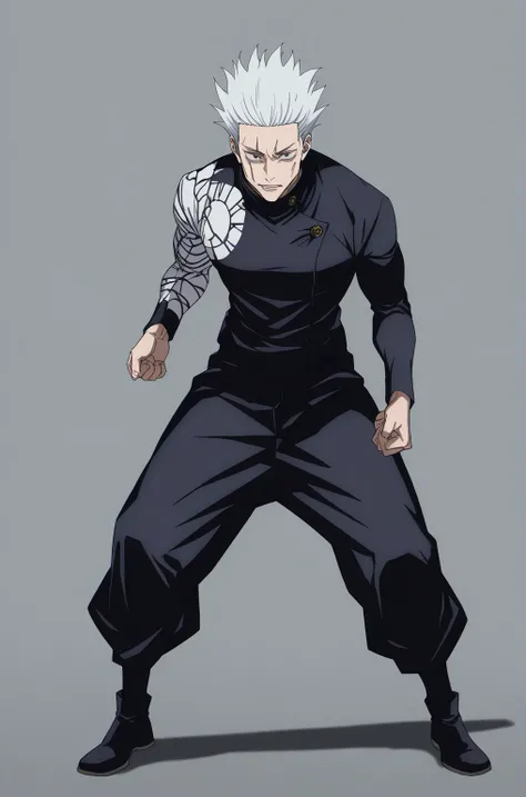 high resolution,  masterpiece,  precise,  The best quality , very aesthetic, A drawing of a man with white hair and black pants, sleeve style, jujutsu kaizen style art, Anime image collection, Jujutsu Kaisen, Full body of a single character , !! full body ...