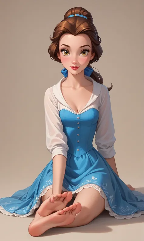 PonyXLV6_Scores ,source_anime, masterpiece,best quality, highly detailed, full body view,BREAK Belle, 1girl, porcelain doll, solo, brown hair, hazel eyes, naughty face, small beautiful feet, blue bow, ponytail, Disney 3D render, (Belle showing her soles to...