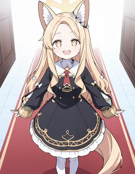  Masterpiece, hd, seia, seia yurizono, blue archive, yellow eyes, blonde hair, very long hair, fox ears, hair ornament, hair flower, halo,1girl,solo,dress, gold trim, red ribbon,smile,black dress,school uniform,collared shirt,eden academy school uniform, l...