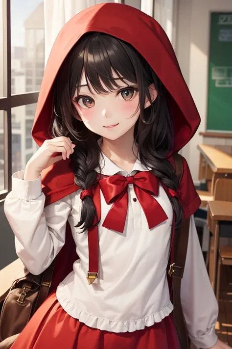  best quality,   super high resolution, (( cute middle school girl)),( small tits), semi-long black hair , brown eyes, Little Red Riding Hood,