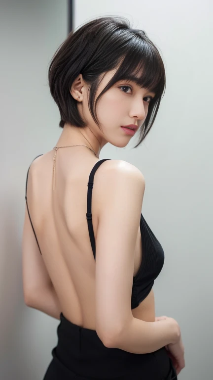 (( random pose showing your back as much as possible:1.5))　((Very Short Belly Pixie Bob Hairstyle , the nape of my neckline is neatly shortened and trimmed below my ears, and has been trimmed close to the scalp,The nape is shaved cleanly close to the scalp...