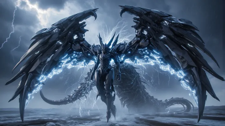  A leviathan with obsidian wings and a body covered with glowing crystals.  Its roar generates sonic waves that shatter everything around it . It floats over an icy landscape ,  moving through thunderstorms .