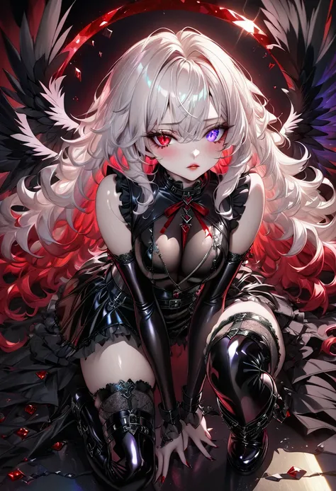 ultra detailed, absolutely resolution, masterpiece. 
various iridescent color effects. 
cool beauty black winged fallen angel, fluffy loose curls shining glossy silky ivory hair, captivating eyes, heterochromia, red crimson lewd lips, sexy beauty expressio...