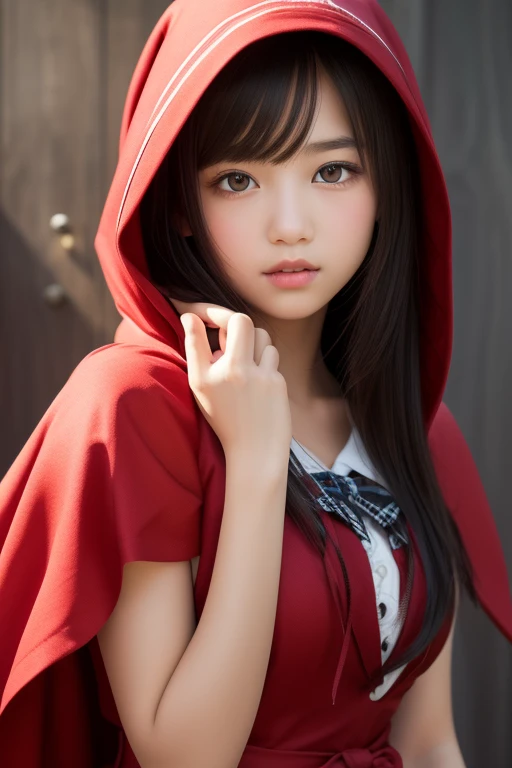  best quality,   super high resolution,  illustration style、(( cute middle school girl)),( small tits), semi-long black hair , brown eyes, Little Red Riding Hood,