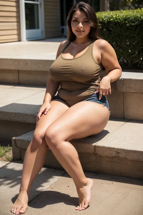 Full body shot, large full natural breasts, curvy thick body, beautiful female, barefoot, short tight fitting brown khaki shorts, low-cut light brown transparent tank top, brunette, mid 60s