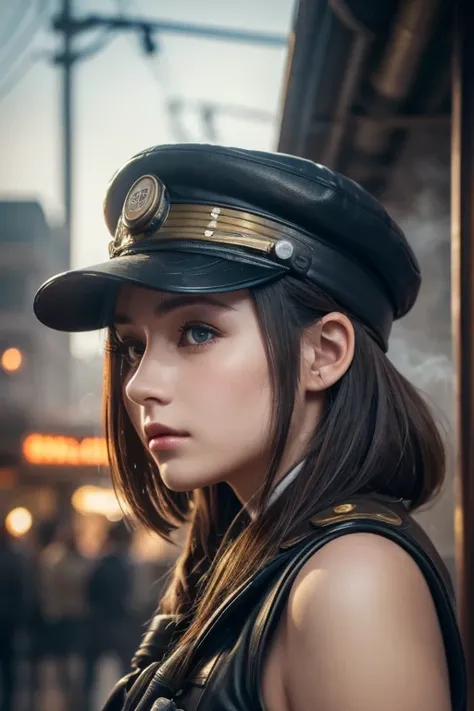  1 girl,   Pilot Cap  ,   Alone,    steam punk, station,  ,  steam, cigarette, Masterpiece,   very detailed on trends , high resolution, 8k resolution,  best quality ,