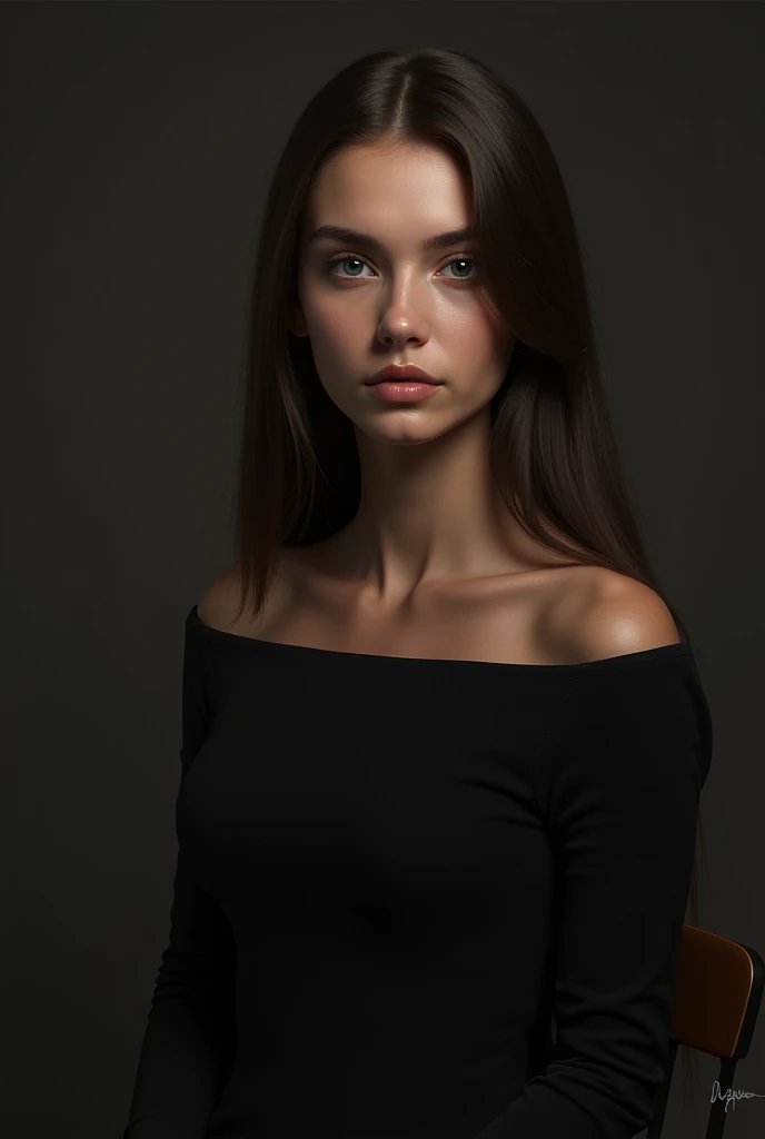  girl,  black dress, black neckline ,  long hair,  straight hair ,   Photorealism,  detail,  brunette , studio,  chair light ,  High definition,  masterpiece,  Realistic anatomy, Точность,  Best quality ,  In detail, Высокая  detail,  simple background, 