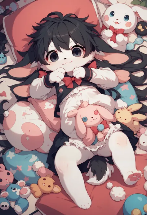 very cute bunny girl， furry girl， white skin ， black hair， Female Toddler Characteristics ，Droopy ears, Play with toys 