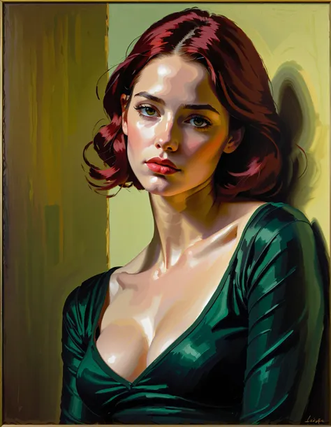 Create an evocative oil painting inspired by Malcolm Liepke, based on the provided image. Capture the intense, introspective expression of the young subject using thick, expressive brushstrokes and a muted color palette. Highlight the emotional depth and v...