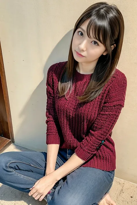 ( masturbates＆ masturbates:1.0)、 40-year-old Japanese woman 、Touch your inner thigh with your hands、 touches chest