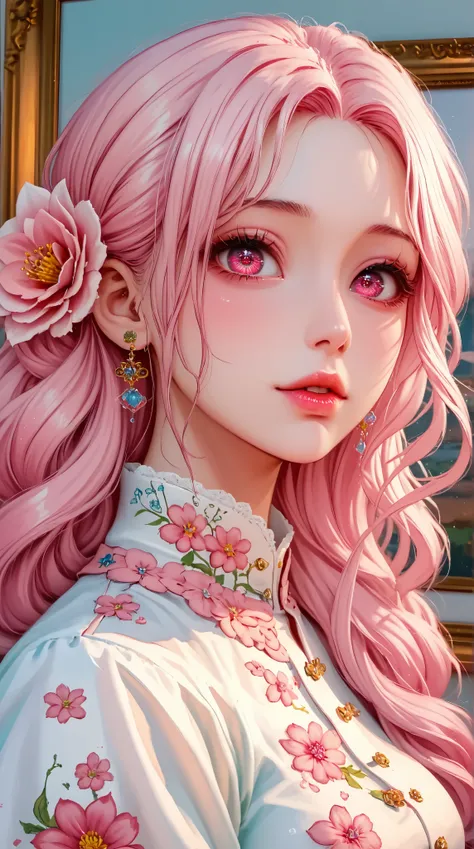 A woman with flowers in her eyes, beautiful detailed eyes, beautiful detailed lips, extremely detailed eyes and face, long eyelashes, woman wearing a flowery dress, pastel painting oil stick painting, thick coating, texture, inspired by Moebius, trippy, wa...
