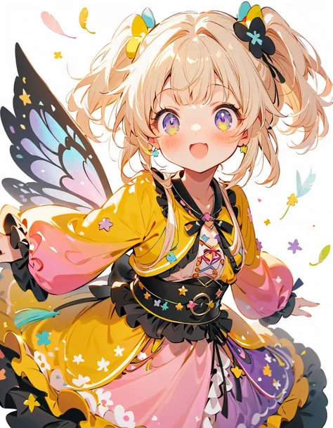  best detail、  1 girl，，Blink，    The Cutest Girl in the World   ，Please wear a colorful and cute goth kimono costume  , star fairy ,Please wear a colorful and cute goth kimono costume   with little fairy feathers growing from above your waist 、  simple bac...