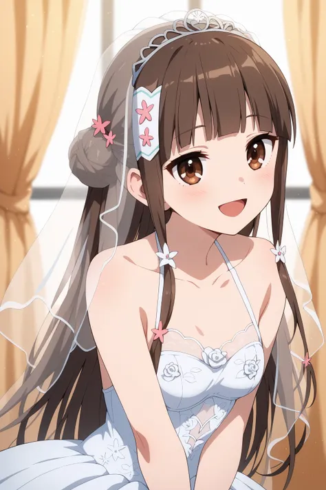 masterpiece,best quality,{{detailed beautiful face and eyes}}, very detailed background,
Kobori,{{{megami magazine}}},long hair,brown hair,blunt bangs,hair flower,hair ornament,sidelocks,brown eyes,small breasts,
1girl,hairstyle: (wedding bun:1.2)
Outfit: ...