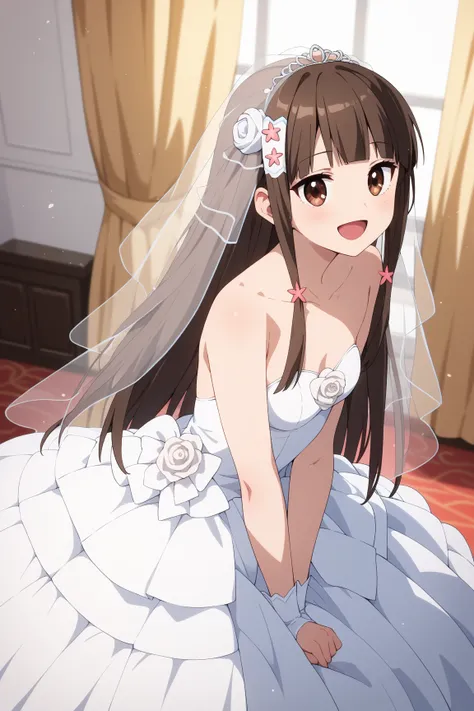 masterpiece,best quality,{{detailed beautiful face and eyes}}, very detailed background,
Kobori,{{{megami magazine}}},long hair,brown hair,blunt bangs,hair flower,hair ornament,sidelocks,brown eyes,small breasts,
1girl,hairstyle: (wedding bun:1.2)
Outfit: ...