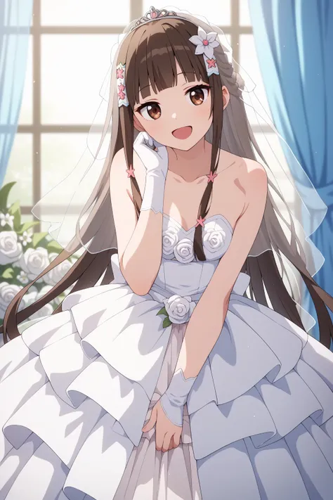 masterpiece,best quality,{{detailed beautiful face and eyes}}, very detailed background,
Kobori,{{{megami magazine}}},long hair,brown hair,blunt bangs,hair flower,hair ornament,sidelocks,brown eyes,small breasts,
1girl,hairstyle: (wedding bun:1.2)
Outfit: ...