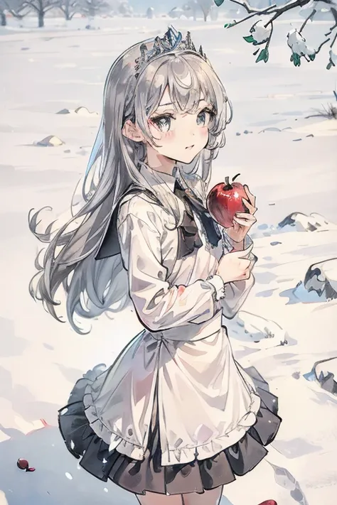  best quality,   super high resolution,(( cute middle school girl)),( small tits),silver hair , grey eyes、snow white、 tiara 、An apple in one hand