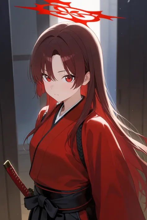 1 girl, Hair length reaches the back, Brown hair and red hair on the edges of the hair, red eyes, but not bright, wear a samurai outfit, หน้าอกไซส์ปานกลาง, have a red halo