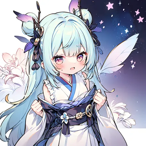   1 girl，，Blink，    The Cutest Girl in the World   ，Milky white and blue hair color、 long hair、Please wear a colorful and cute goth kimono costume  , star fairy ,Please wear a colorful and cute goth kimono costume   with little fairy feathers growing from ...