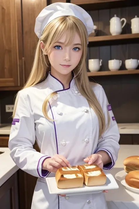  high definition, Masterpiece,  I confess to Elina,  Shokugeki no Soma,  blondes, Alone,  One Girl ,  cute,   detailed eyes ,  long hair,  purple eyes, Chef Outfit,  white jacket, White Bread