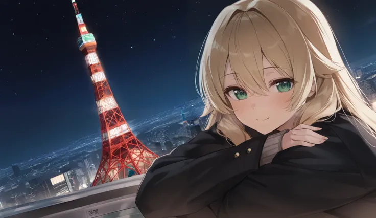 A blonde woman、 watching the night view of Tokyo from the observation deck of a skyscraper。 she is wearing a black jacket 、 her hair is fluttering in the night breeze 。 in the background 、 I can see Tokyo Tower and countless buildings shining with lights 。...