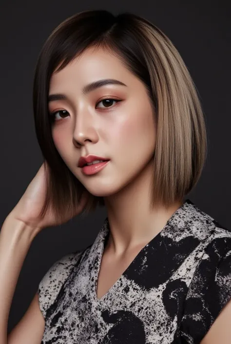  The picture is an amateur photography portrait of Kim Ji-soo,  full body photo, A woman,  pose for a photo  , Focused on hair, It has a very short bowlcut pixie cut .  pee cut The hair is cut to the same length around the head. Potted haircut that shaves ...