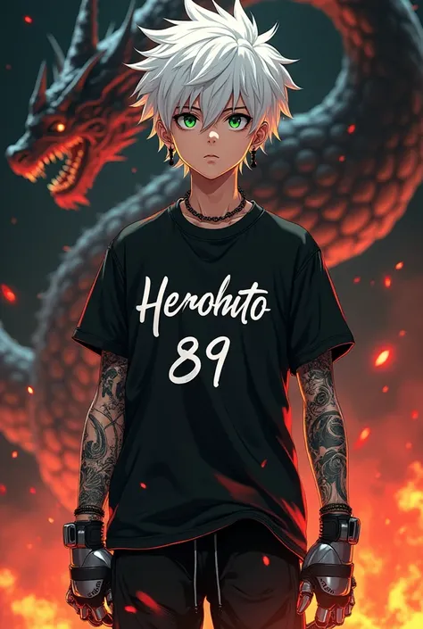 a white spikey haired young boy with green eyes, a black earings ang a full body tattoo, wearing black t-shirt with a clear solid cursive script "HEROHITO 89", a black baggy pants and a sneakers, and his hands is of a mechanical dragon claw, with a neon-co...