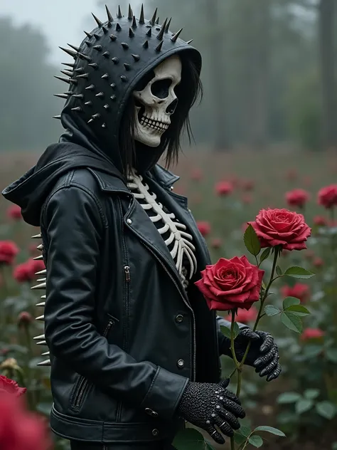 Half skeleton half beautiful woman with dark hair, wearing a chainmail leggings and tights leather jacket with a hoodie,covered in spikes made of silver, picking up roses in a fictional rose Garden,dark realistic photography,dark ambient art,dark surrealis...