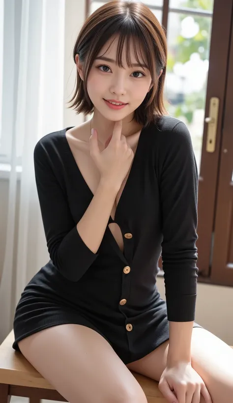   table top ,   best quality, shape, 非常に  Detailsな,   Details,    high definition  ,  8k wallpaper,   perfect dynamic composition,    beautiful details  ,    Natural Lips, Long sleeve black knit dress ,   small breasts,  ランダムに cuteポーズ,  RAW photo,K-POPアイドル...