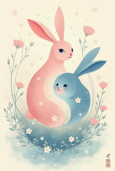 Ukiyo-e: Yin-Yang symbol with pink and blue rabbit motif