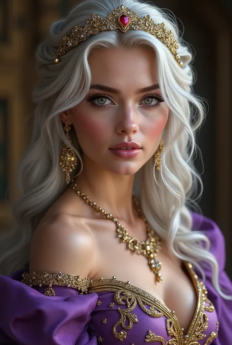 She is an empress with wavy silver blonde hair and jewel golden eyes. Wear a Tyrian purple gown with golden embroidery.  cantik dan seksi 