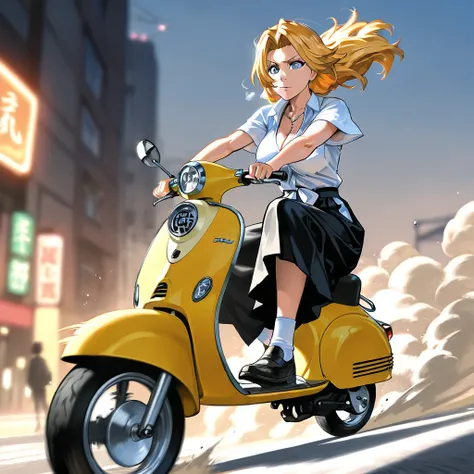 Quality: ((Best quality illustration)), (masterpiece), ((Detailed)).
Style: Bruce_Timm style, comic art, fun, humorous, epic, powerful.
Summary: A beautiful girl riding a VESPA (scooter).
Characters: matsumoto_rangiku, bleach, 1girl, blonde_hair, blue_eyes...