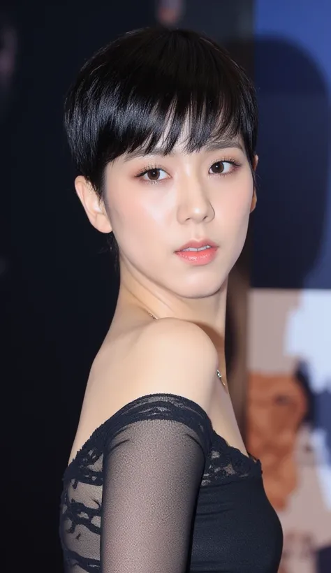  The picture is an amateur photography portrait of Kim Ji-soo,  full body photo, A woman,  pose for a photo  , Focused on hair, It has a very short bowlcut pixie cut .  pee cut The hair is cut to the same length around the head. Potted haircut that shaves ...