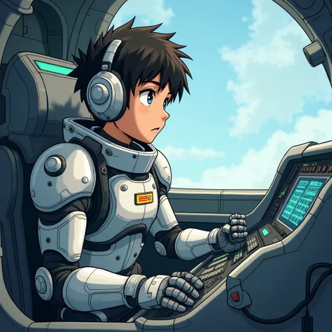 A boy pilot wearing a bulky robot suit, piloting a fighter craft inside the futuristic cockpit. The illustration should be in the style of Japanese anime art, showing the boy with a determined expression as he operates a complex control panel. The backgrou...