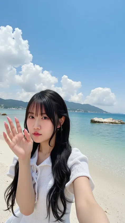 ((( sunny day、 Japanese  、 beach、 Strong Winds Blowing 、 my hair and skirt are flying、 crouch, Scooping up seawater and spreading your hands、 traditional navy blue sailor uniforms、 white blouse、 pleated skirt、Scooping seawater with hands:1.25、 splash with ...