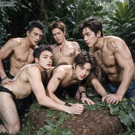 (((1 male kpop idol and a group of men - a young adult male explorer with messy brown hair and tight erotic expedition jungle outfit is exploring the jungle when he comes across a group of ugly fat bastards men who are also exploring the jungle and they fu...