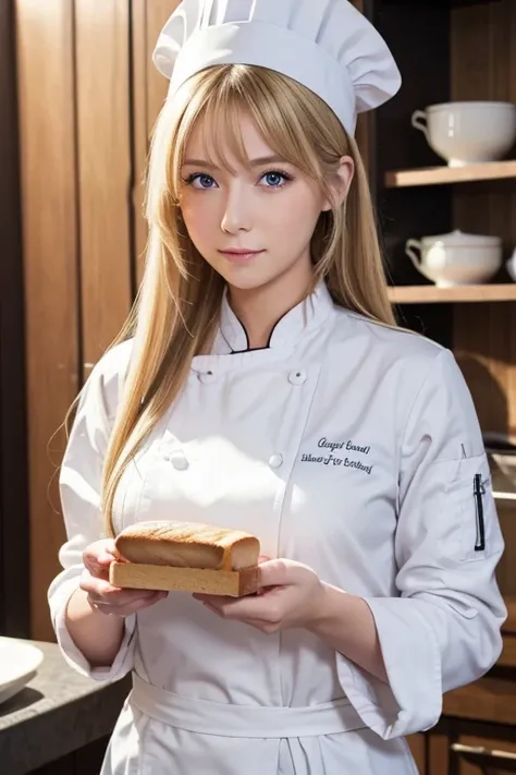  high definition, Masterpiece,  I confess to Elina,  Shokugeki no Soma,  blondes, Alone,  One Girl ,  cute,   detailed eyes ,  long hair,  purple eyes, Chef Outfit,  white jacket, White Bread