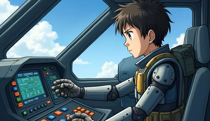 A boy pilot wearing a bulky robot suit, piloting a fighter craft inside the futuristic cockpit. The illustration should be in the style of Japanese anime art, showing the boy with a determined expression as he operates a complex control panel. The backgrou...