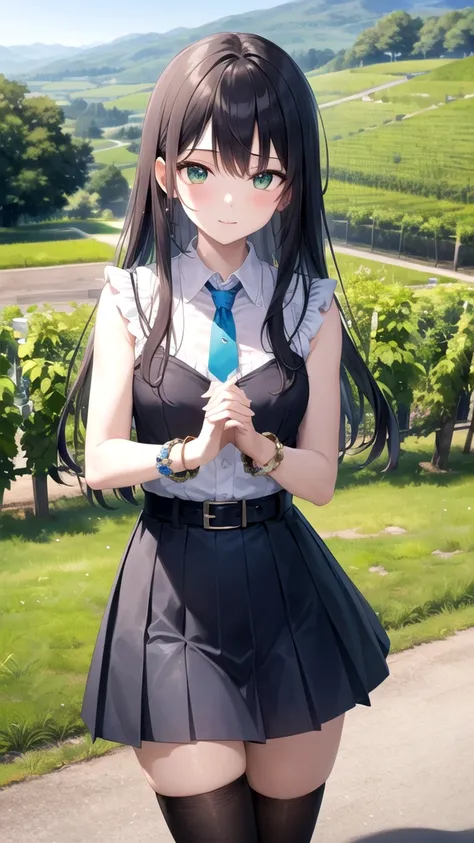 ((masterpiece)), (best quality), official art, extremely detailed CG, unity 8k wallpaper, ultra detailed, highly detailed, detailed background, vivid color,
1girl, tae,black hair,long hair,green eyes, 
skirt, shirt, thighhighs, bow, white shirt, pleated sk...