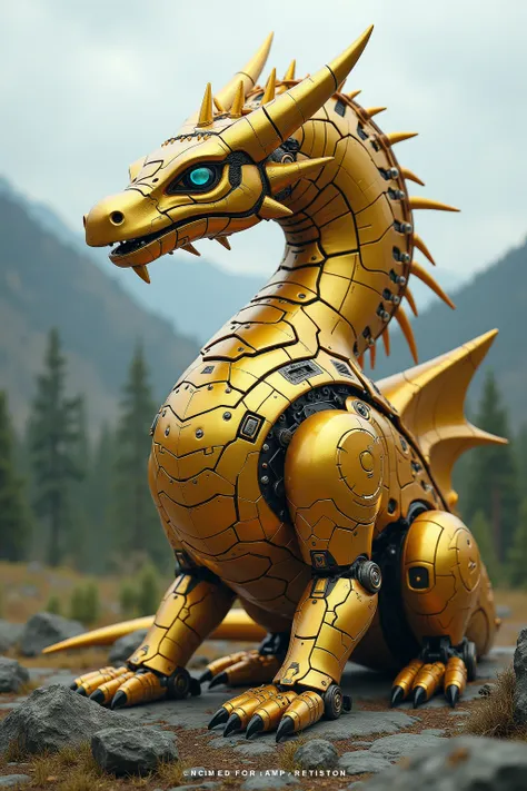 robot dragon、 huge golden body 、 the neck is long and curved into a complicated shape 、 the eye part looks forward 、 The mono eye is made of streamlined glass 、 The arm part has large wings 、 has power pikes from the left and right of the chest to the back...