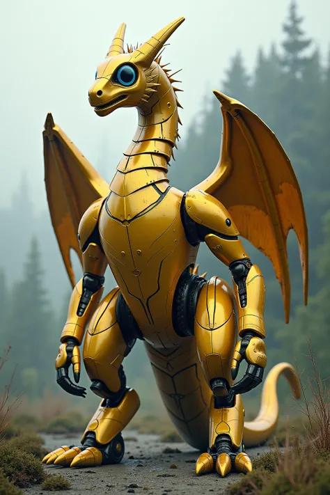 robot dragon、 huge golden body 、 the neck is long and curved into a complicated shape 、 the eye part looks forward 、 The mono eye is made of streamlined glass 、 The arm part has large wings 、 has power pikes from the left and right of the chest to the back...