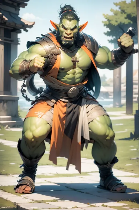 Half orc, samurai armor, orange cloak, tall, thin, chain whip monk weapon, full body shot, fighting pose, 