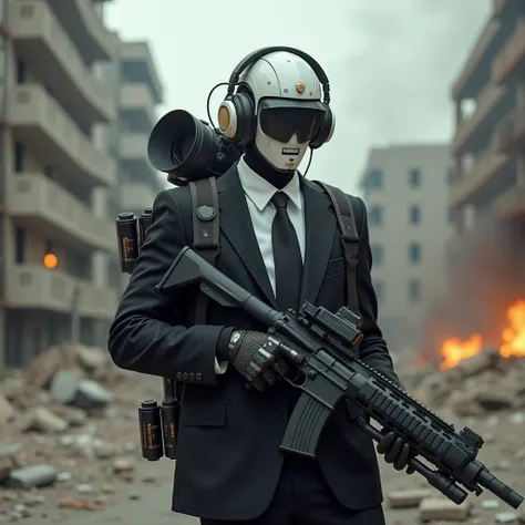 A man camera with a Canon blaster,  black suit wears headphones and protective lenses In jetpack on his back, black suit with tie and grenades on the sides of the suit. Robotic CCTV Security Camera Head, white and luxurious color. 
In the destroyed city wi...