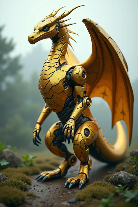 robot dragon、 huge golden body 、 the neck is long and curved into a complicated shape 、 the eye part looks forward 、 The mono eye is made of streamlined glass 、 The arm part has large wings 、 has power pikes from the left and right of the chest to the back...