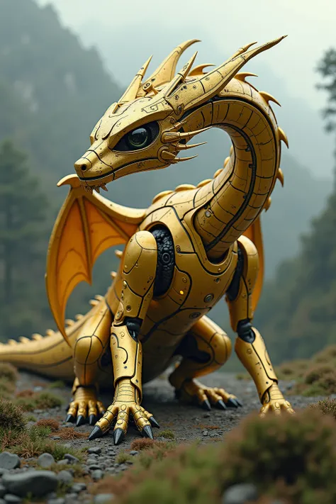 robot dragon、 huge golden body 、 the neck is long and curved into a complicated shape 、 the eye part looks forward 、 The mono eye is made of streamlined glass 、 The arm part has large wings 、 has power pikes from the left and right of the chest to the back...