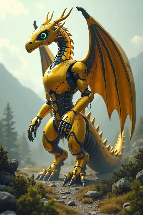 robot dragon、 huge golden body 、 the neck is long and curved into a complicated shape 、 the eye part looks forward 、 The mono eye is made of streamlined glass 、 The arm part has large wings 、 has power pikes from the left and right of the chest to the back...