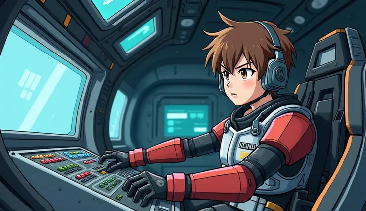 A boy pilot wearing a bulky robot suit, piloting a combat machine inside the futuristic cockpit. The illustration should be in the style of Japanese anime art, showing the boy with a determined expression as he operates a complex control panel. The backgro...