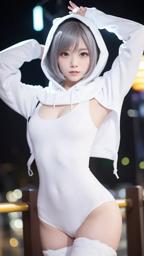 White cat girl 、Whole body expression、 Japanese、Age 19、woman、 beautiful girl、 long, thin, and beautiful eyes 、、Gray hair bob cut、Wear a white bodysuit、 wears white long boots 、 wear gloves that cover up to the white upper arms 、 wears a white hooded long c...